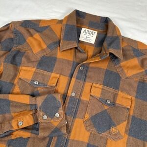 Ariat Retro‎ Fit Flannel Brown Blue Western Shirt Plaid LS Snap Front Mens Large